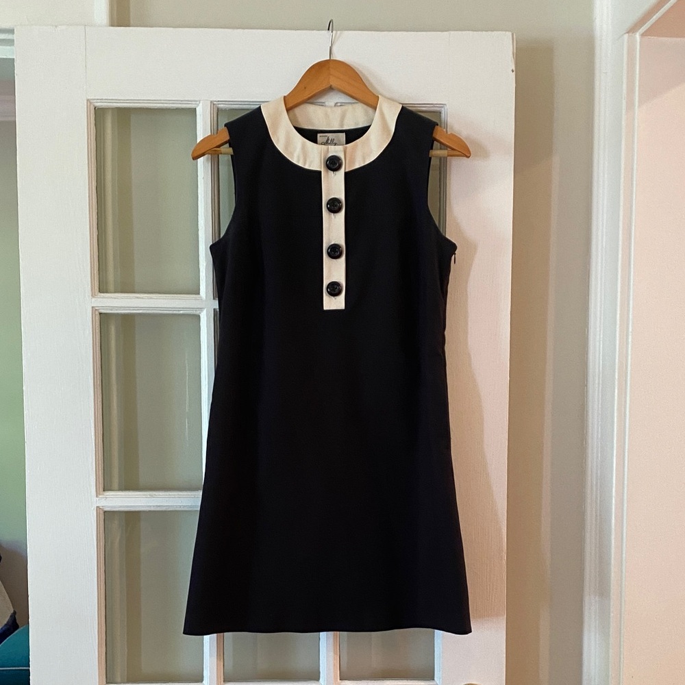 Milly Mini Shift Dress with Button Detail, Black and Cream, Size 4
